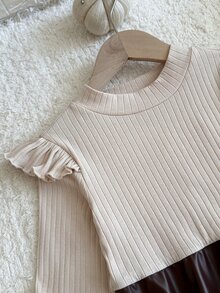 SHEIN 女童小女孩時尚秋冬針織純色立領長袖拼接梭織PU下擺洋裝 休閒簡約百搭甜美優雅 - 彩色 - 查看 9