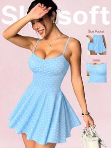SHEIN Sovereign Charm Vestido deportivo de mujer con estampado de lunares y tirantes finos plisados - Azul - Ver 2