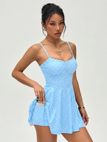 SHEIN Sovereign Charm Vestido deportivo de mujer con estampado de lunares y tirantes finos plisados - Azul - Ver 5