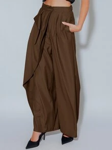 Pimkie Edition Women's Fashion Design Pocket Pleated Loose Long Pants Streetwear - Chocolate Brown - View 4