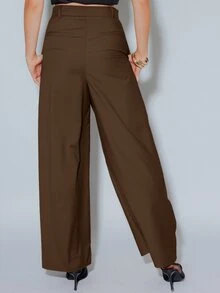 Pimkie Edition Women's Fashion Design Pocket Pleated Loose Long Pants Streetwear - Chocolate Brown - View 2
