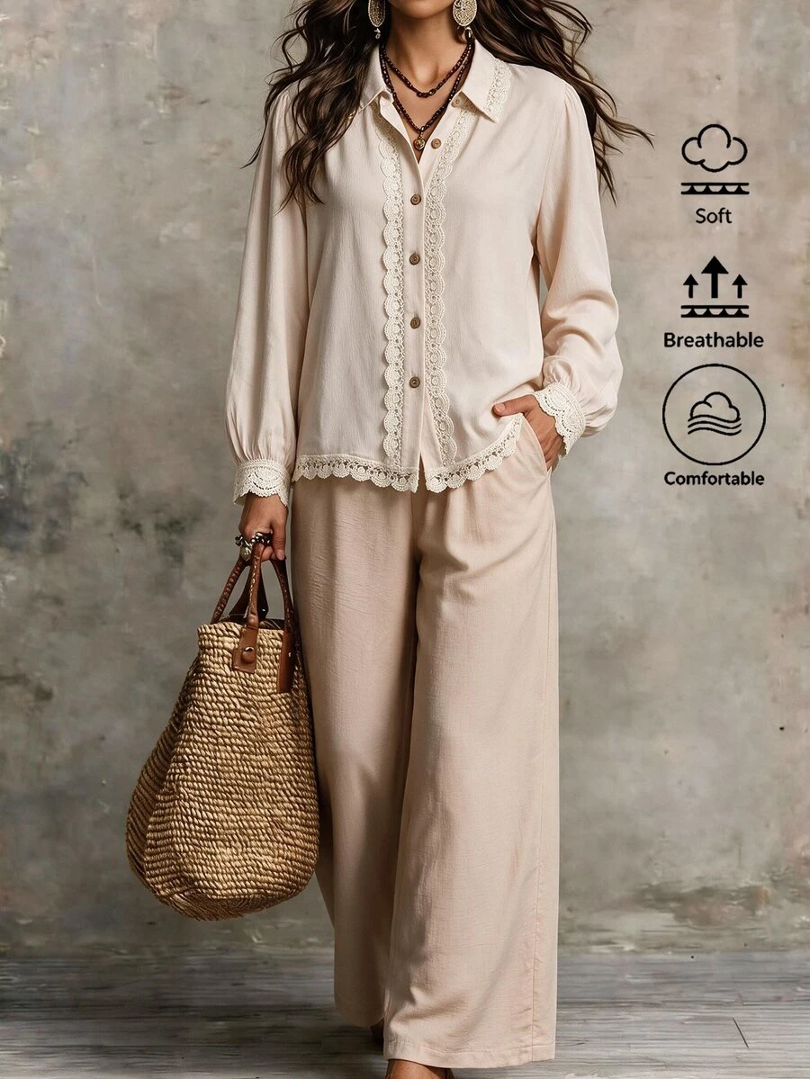 Offisola Off-White Lace Trim Long Sleeve Blouse + Khaki High Waist Wide Leg Pants Set - Beige - View 1