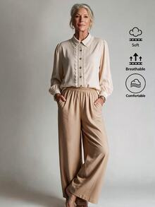 Offisola Off-White Lace Trim Long Sleeve Blouse + Khaki High Waist Wide Leg Pants Set - Beige - View 4