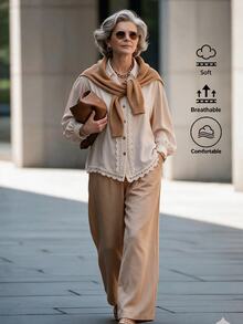 Offisola Off-White Lace Trim Long Sleeve Blouse + Khaki High Waist Wide Leg Pants Set - Beige - View 5