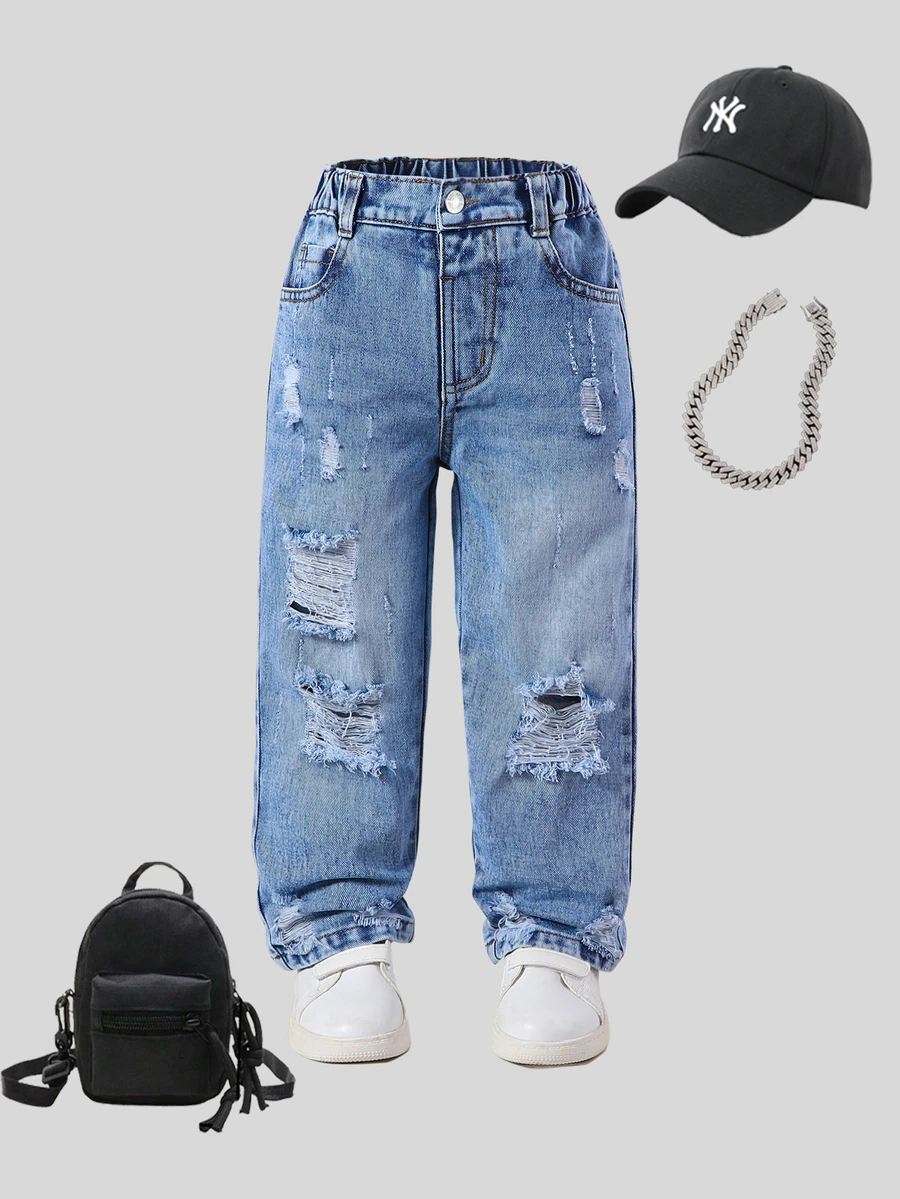 SHEIN Explorewe Young Boys' Retro Cowboy Street Style Distressed Ripped Loose Comfortable Baby Blue Straight Leg Jeans Winter Holiday