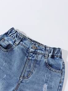 SHEIN Explorewe Young Boys' Retro Cowboy Street Style Distressed Ripped Loose Comfortable Baby Blue Straight Leg Jeans Winter Holiday - Light Wash - View 5