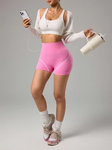 Sovereign Charm Women's Casual Sports High Waist Contrast Stripe Shorts - Pink - View 5
