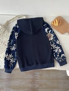 SHEIN Tween Girl Blue Solid Color Hooded Floral Watermark Sweatshirt, Casual Style For School, Autumn Winter - Blue - View 2