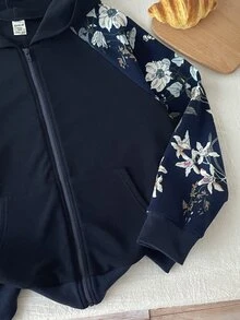 SHEIN Tween Girl Blue Solid Color Hooded Floral Watermark Sweatshirt, Casual Style For School, Autumn Winter - Blue - View 4