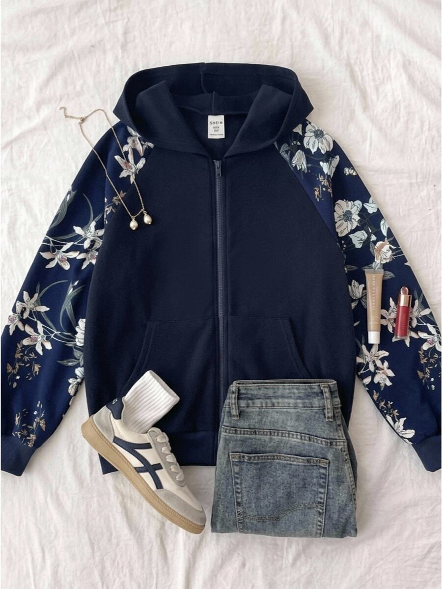 SHEIN Tween Girl Blue Solid Color Hooded Floral Watermark Sweatshirt, Casual Style For School, Autumn Winter - Blue - View 1