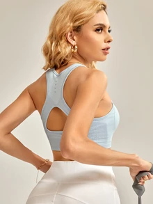 SHEIN Sovereign Charm Seamless Cut Out Back Sports Bra - Baby Blue - View 7