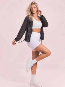 SHEIN Sovereign Charm 女款透視純色連帽運動夾克 - 黑色 - 查看 6