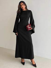 Aloruh Women's Elegant Square Neck Cinched Waist Brown Dress For Party And Holiday - Black - View 4