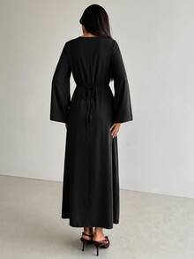 Aloruh Women's Elegant Square Neck Cinched Waist Brown Dress For Party And Holiday - Black - View 2