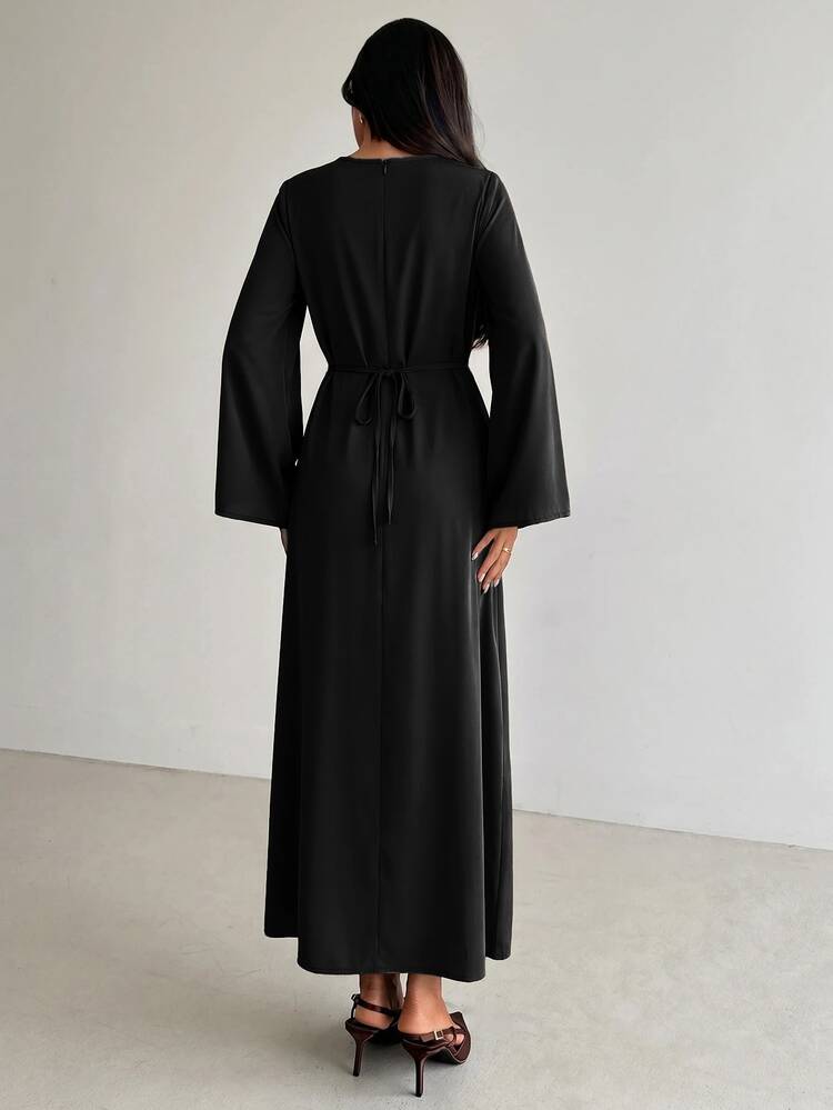 Aloruh Women's Elegant Square Neck Cinched Waist Brown Dress For Party And Holiday - Black - View 2