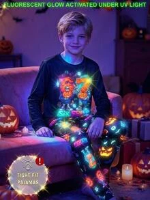 SHEIN 2pcs Kids Tween Boy Casual Daily Comfortable Printed 67 Pattern Crew Neck Pullover Pajama Top & Long Pants Knit Loungewear Tight Set, Suitable For Halloween - Black - View 1