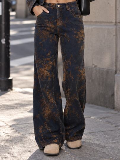 Pimkie Edition Women's All-Over Print Casual Versatile Daily Wear Denim Jeans With Pockets