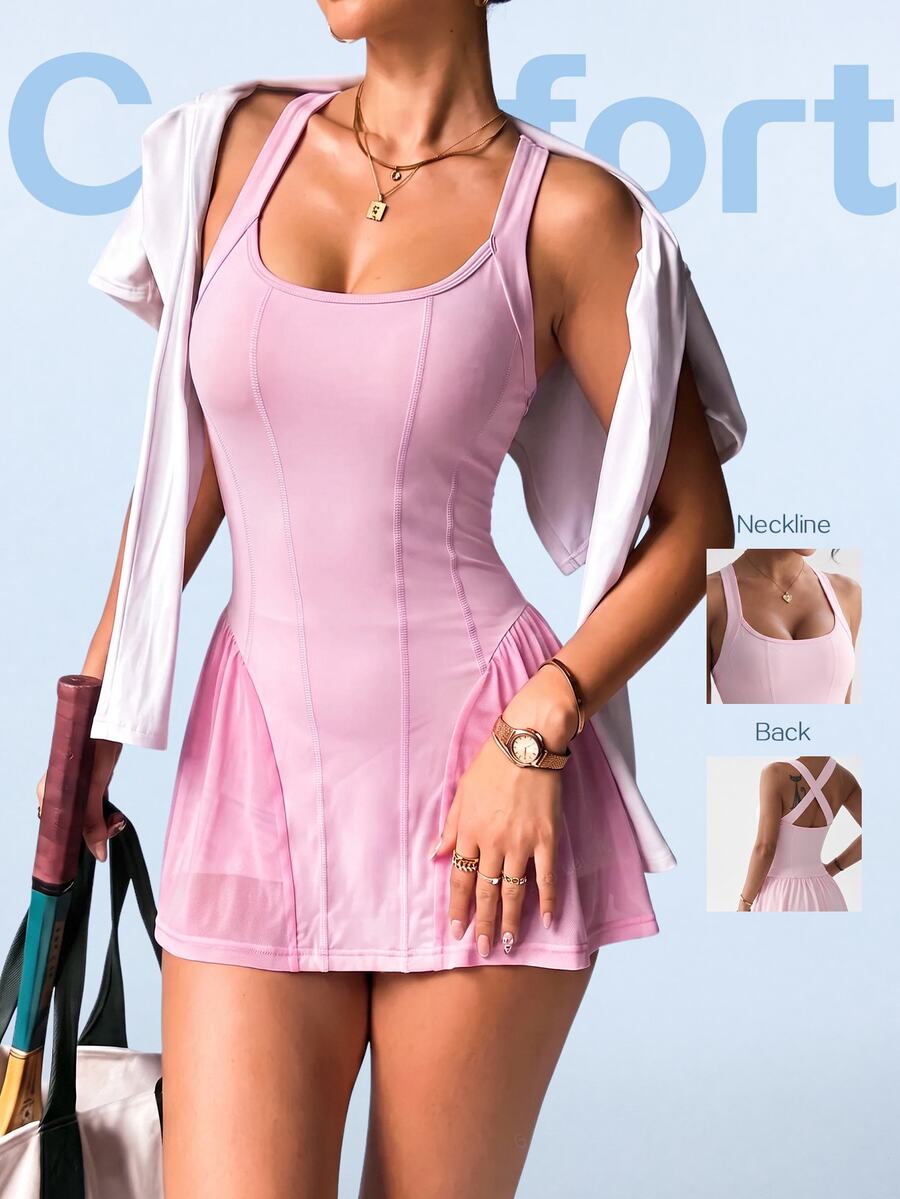 SHEIN Sovereign Charm Casual Athleisure Athletic Versatile Blush Pink Criss-Cross Back Design With Storage Shorts Dress Workout Gym Summer - Pink - View 1