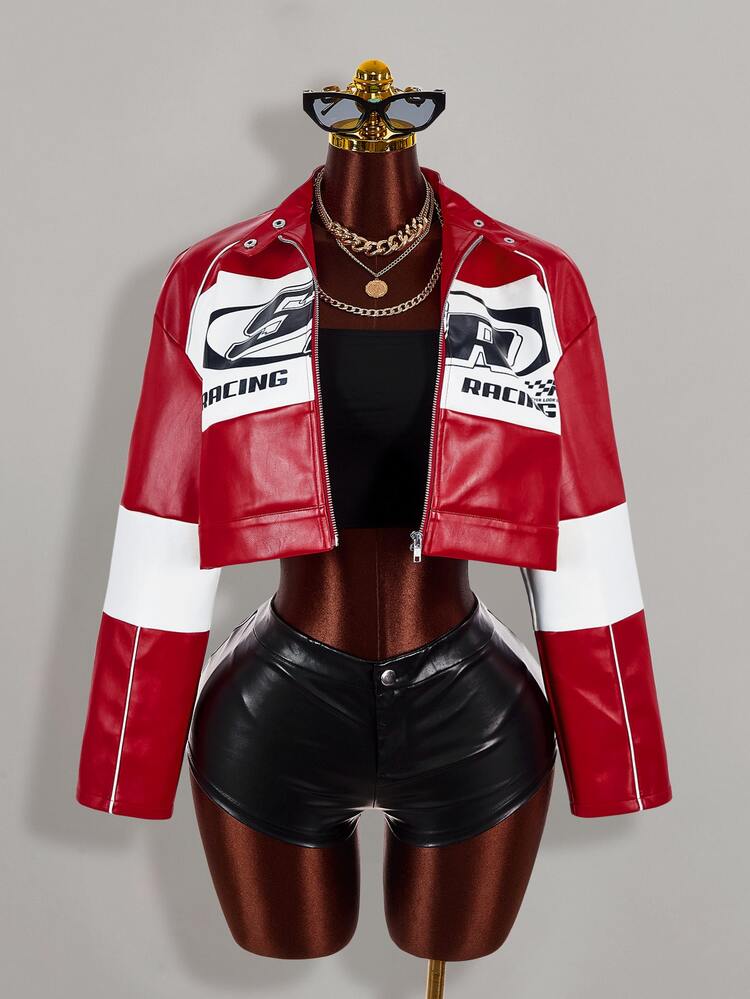 Amplova Motorcycle Style Color Block Black Red White Campus Jacket Color Block Women's Zipper Waist-Cinching Slim Fit Striped Jacket Suitable For Street Dating Photography Outdoor Wear - Red - View 12