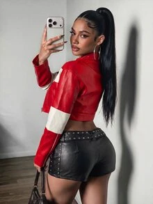 Amplova 機車風拼色黑紅白校園夾克女款 拉鍊收腰修身條紋外套 適合街頭約會拍照戶外穿搭 - 紅色 - 查看 4