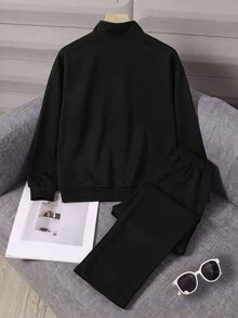 SHEIN 2件組男士青少年休閒街頭風白色解構設計立領拉鍊夾克與寬鬆直筒運動長褲套裝，適合休閒街頭風帥氣造型 - 黑色 - 查看 2