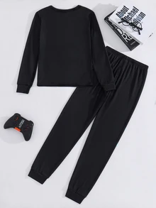 SHEIN 2pcs Kids Tween Boy Cartoon Halloween Casual Daily Comfortable Pattern Crew Neck Pullover Pajama Autumn Top & Pants Knit Loungewear Snug Fit Set - Black - View 3