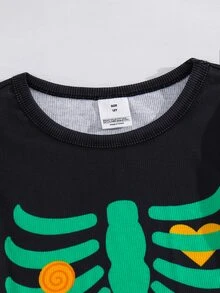 SHEIN 2pcs Kids Tween Boy Cartoon Halloween Casual Daily Comfortable Pattern Crew Neck Pullover Pajama Autumn Top & Pants Knit Loungewear Snug Fit Set - Black - View 5