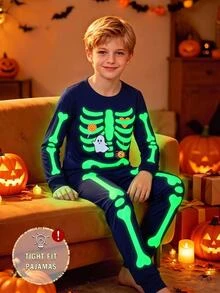 SHEIN 2pcs Kids Tween Boy Cartoon Halloween Casual Daily Comfortable Pattern Crew Neck Pullover Pajama Autumn Top & Pants Knit Loungewear Snug Fit Set - Black - View 1