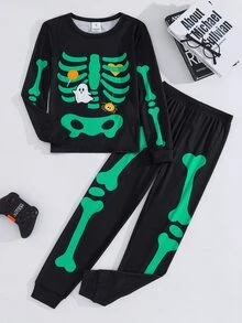 SHEIN 2pcs Kids Tween Boy Cartoon Halloween Casual Daily Comfortable Pattern Crew Neck Pullover Pajama Autumn Top & Pants Knit Loungewear Snug Fit Set - Black - View 4