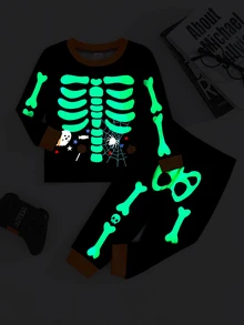 Cozy Pixies 男嬰/幼兒秋冬長袖萬聖節印花修身睡衣與居家服套裝，貼身剪裁 - 橘色 - 查看 7