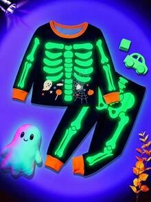 Cozy Pixies 男嬰/幼兒秋冬長袖萬聖節印花修身睡衣與居家服套裝，貼身剪裁 - 橘色 - 查看 2