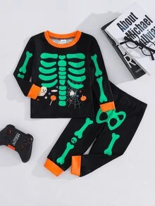 Cozy Pixies 男嬰/幼兒秋冬長袖萬聖節印花修身睡衣與居家服套裝，貼身剪裁 - 橘色 - 查看 3