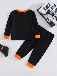 Cozy Pixies 男嬰/幼兒秋冬長袖萬聖節印花修身睡衣與居家服套裝，貼身剪裁 - 橘色 - 查看 4