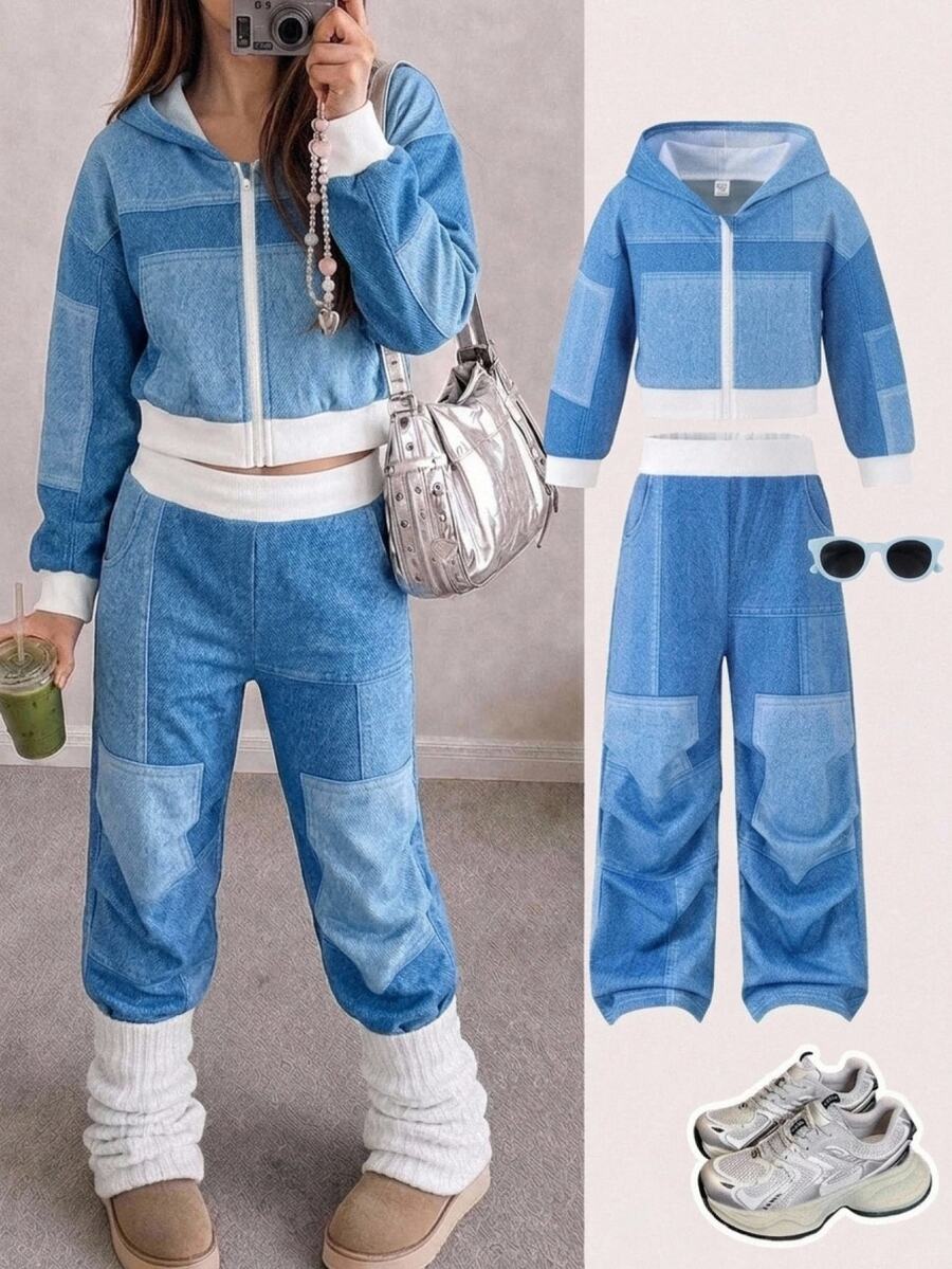 SHEIN Young Girl Knitted Special Effect Print Hooded Casual Sweatshirt And Straight Leg Pants 2 Pieces Set - Multicolor - View 1