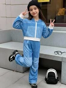 SHEIN 女童針織特殊效果印花連帽休閒衛衣與直筒長褲兩件套 - 彩色 - 查看 3