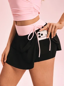 SHEIN Sovereign Charm Women's Colorblock Tie-Up Ruffle Hem Pocket Sports Skort - Multicolor - View 4