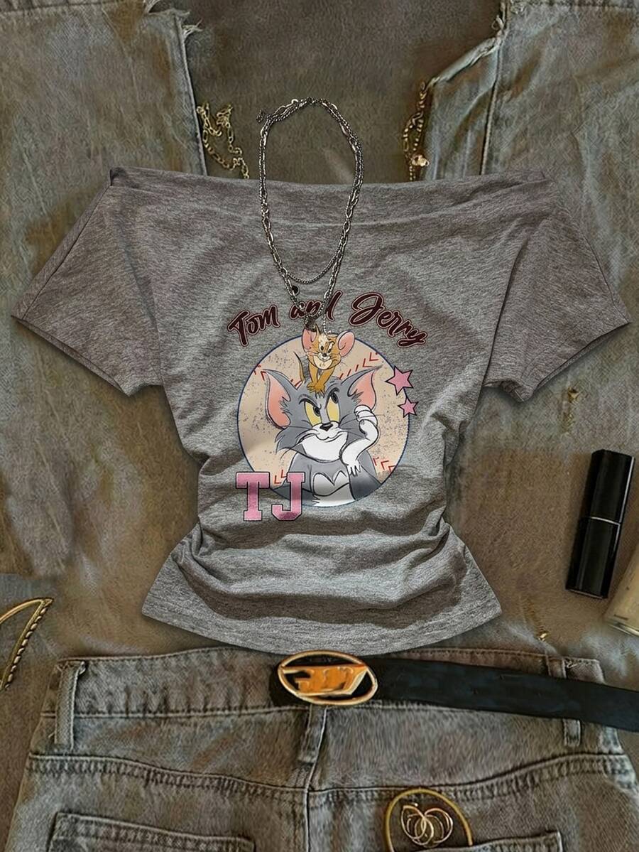 TOM & JERRY X SHEIN SHEIN EZwear 女款休閒抓皺腰方領修身短袖T恤,適合夏季,女款聯名印花圖案T恤,適合外出、街頭穿搭、機場造型、時尚、返校、Y2K、派對、海灘度假、假期 - 淺灰色 - 查看 1