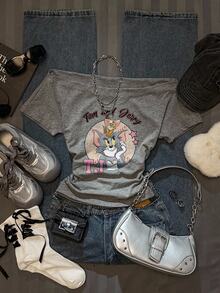 TOM & JERRY X SHEIN SHEIN EZwear 女款休閒抓皺腰方領修身短袖T恤，適合夏季，女款聯名印花圖案T恤，適合外出、街頭穿搭、機場造型、時尚、返校、Y2K、派對、海灘度假、假期 - 淺灰色 - 查看 8