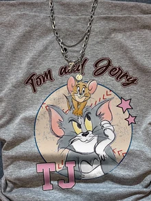 TOM & JERRY X SHEIN SHEIN EZwear 女款休閒抓皺腰方領修身短袖T恤，適合夏季，女款聯名印花圖案T恤，適合外出、街頭穿搭、機場造型、時尚、返校、Y2K、派對、海灘度假、假期 - 淺灰色 - 查看 4