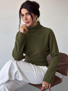 Firerie كنزة نسائية بلون موحد كاجوال للاستخدام اليومي بأكمام طويلة - أخضر - مشاهدة 3