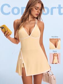 SHEIN Sovereign Charm 2026 Spring/Summer New Women's Professional Sports Yoga Fitted Spaghetti Strap Dress - Light Yellow - View 1