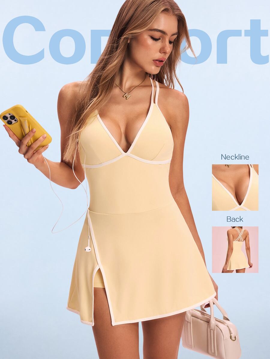 SHEIN Sovereign Charm 2026 Spring/Summer New Women's Professional Sports Yoga Fitted Spaghetti Strap Dress - Light Yellow - View 1