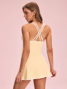 SHEIN Sovereign Charm 2026 Spring/Summer New Women's Professional Sports Yoga Fitted Spaghetti Strap Dress - Light Yellow - View 2