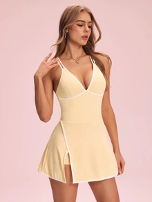 SHEIN Sovereign Charm 2026 Spring/Summer New Women's Professional Sports Yoga Fitted Spaghetti Strap Dress - Light Yellow - View 5