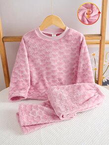1套少女圓領長袖長褲粉色愛心毛絨加厚舒適柔軟居家服，秋冬季節，居家穿著，百搭時尚，送給少女的最佳禮物 - 粉色 - 查看 4