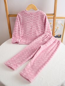 1套少女圓領長袖長褲粉色愛心毛絨加厚舒適柔軟居家服，秋冬季節，居家穿著，百搭時尚，送給少女的最佳禮物 - 粉色 - 查看 3
