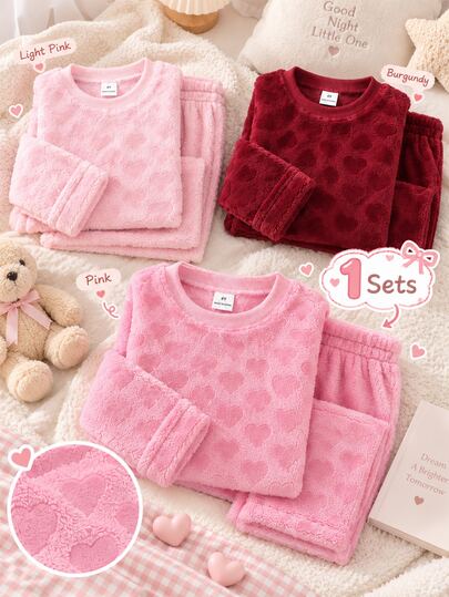 1 Set Young Girl) Round Neck Long Sleeve Long Pants Pink Heart Plush Thickened Comfortable Soft Loungewear, Autumn/Winter Season, Home Wear, Versatile Fashion, Best Gift For Young Girl