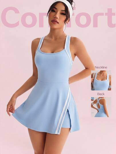 Sovereign Charm Women's Light Blue White Trim Spaghetti Strap Tennis Dress With Side Diagonal Slit And Built-In Safety Shorts, Slim Fit Outdoor Sports Mini Dress