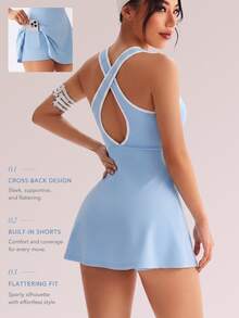 Sovereign Charm Women's Light Blue White Trim Spaghetti Strap Tennis Dress With Side Diagonal Slit And Built-In Safety Shorts, Slim Fit Outdoor Sports Mini Dress - Baby Blue - View 2
