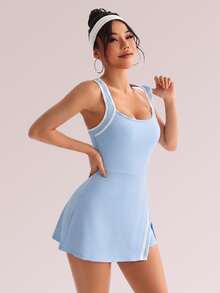 Sovereign Charm Women's Light Blue White Trim Spaghetti Strap Tennis Dress With Side Diagonal Slit And Built-In Safety Shorts, Slim Fit Outdoor Sports Mini Dress - Baby Blue - View 6